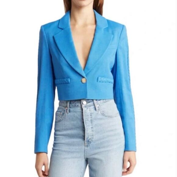 Jason Wu Blazer Cropped Shoulder Pad Linen Blend Blue Braided Detail Large New - Picture 2 of 11